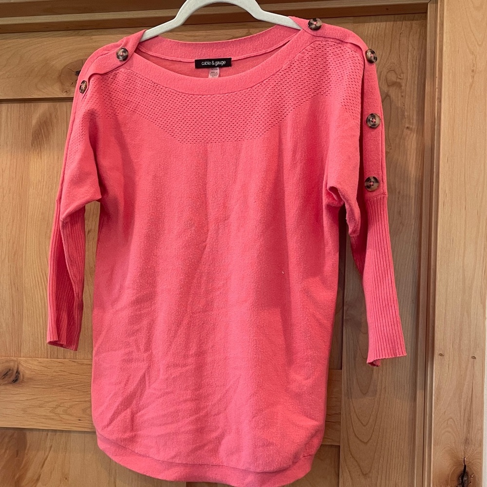 Cable & Gauge Coral Button-Shoulder Crewneck Sweater